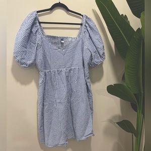 Blue and white gingham, puff sleeve mini dress with pockets